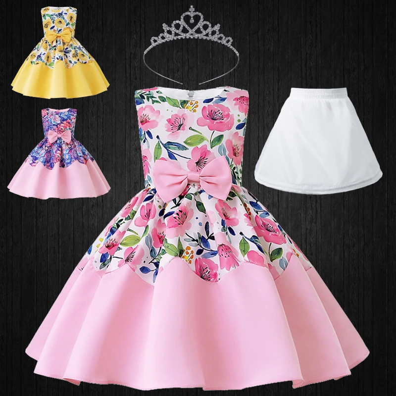

2-10Years Fancy Girl Floral Print Pleated Dress Elegant Kids Sleeveless Bow Flower Ceremony Performance Occasion Party Dresses