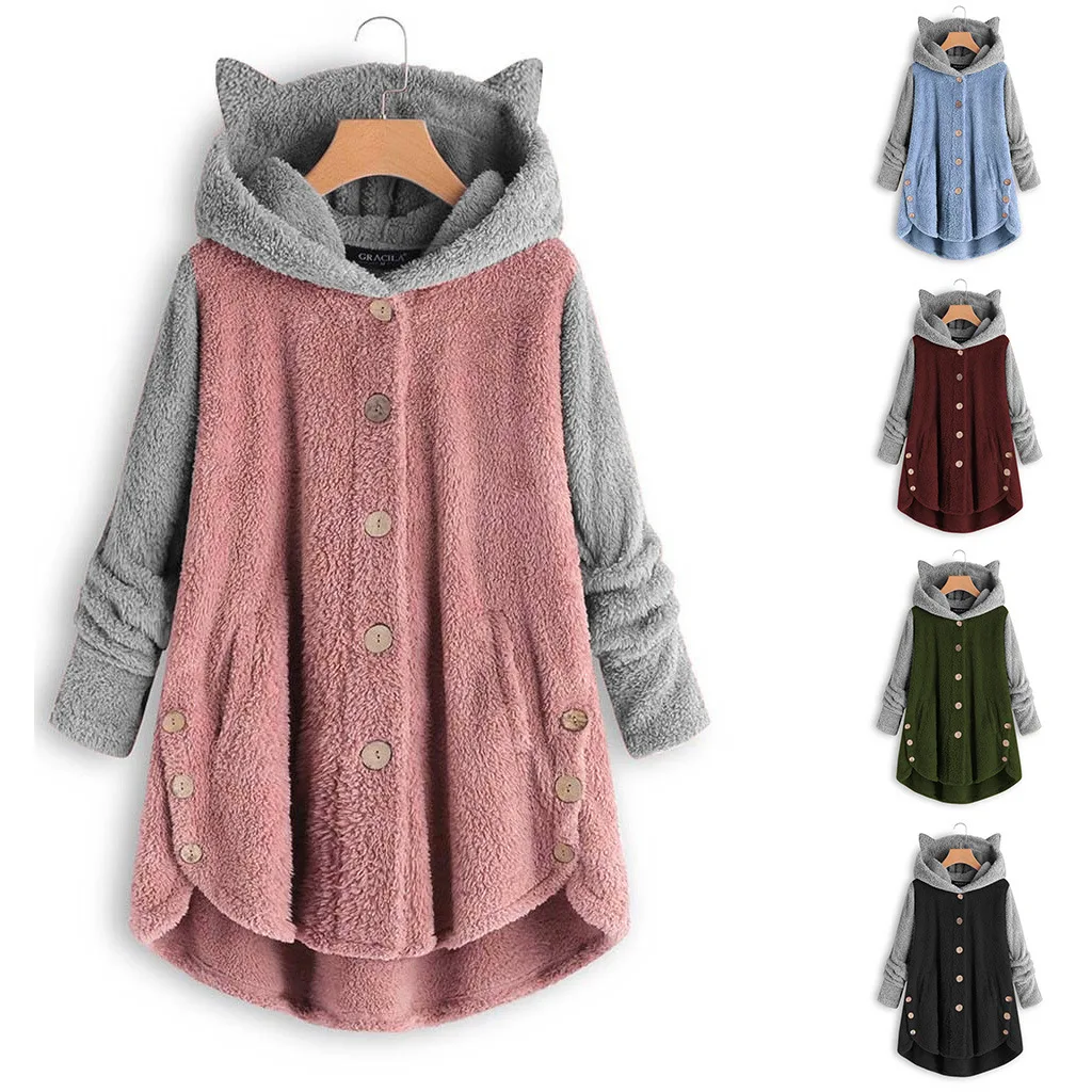 

2023 New Button-up Hooded Cat Ear Plush Top Irregular Tide Brand Color Matching Coat Autumn Winter Women Fashion Long Sleeves