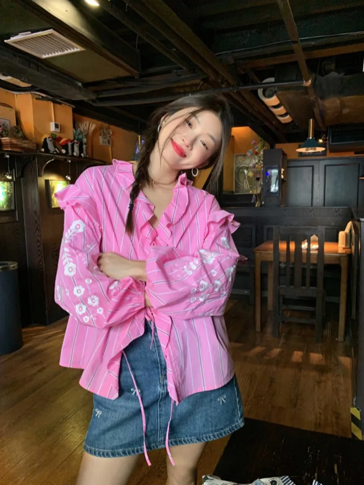 Свободный Топ [oein] Luoluo Zhuanjie рубашка в розовую полоску с длинными рукавами новинка