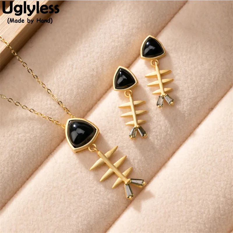 

Uglyless Fish Bones Jewelry Sets for Women Dark Green Jade as Black Jade Earrings Necklaces NO Chains Triangle Studs Pendants