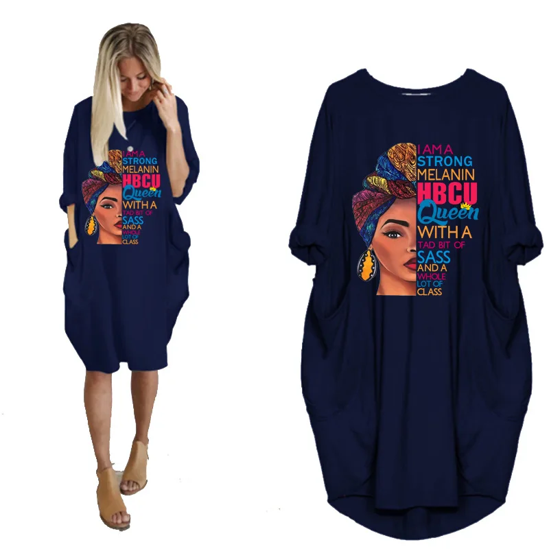 

Summer New Fashion African Dress For Women's Pocket Black Beatiful Letters Print T Shirt Dresses 2022 Plus Size Midi Robe Femme