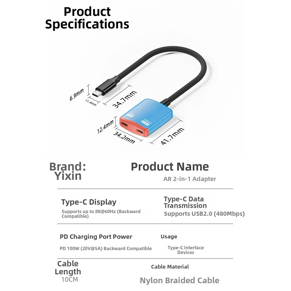 Переходник для AR-очков 2-в-1: USB-C на HDMI, поддержка 8K@60Hz, быстрая зарядка 100 Вт, док-станция-адаптер, аксессуары для AR-очков (art.: 3920d8dcaad52) - 3920d8dcaad52