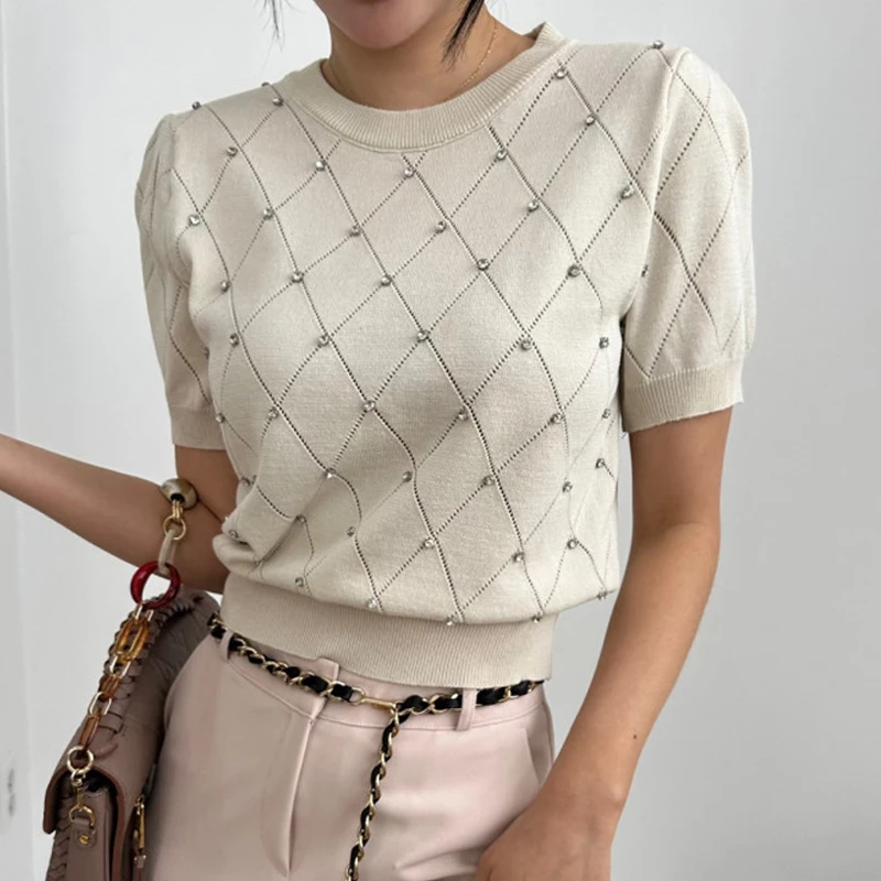 

2023 Puff Short Sleeve Summer Knit Tops Korean Fashion Women Blouse Elegant O Neck Mujer Casual Hollow Out Thin Ice Silk 26382