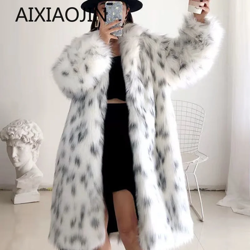 

AIXIAOJIN зимнее меховое пушистое теплое пальто из искусственного меха женское длинное элегантное белое меховое пальто с леопардовым принтом из меха норки Женское пальто