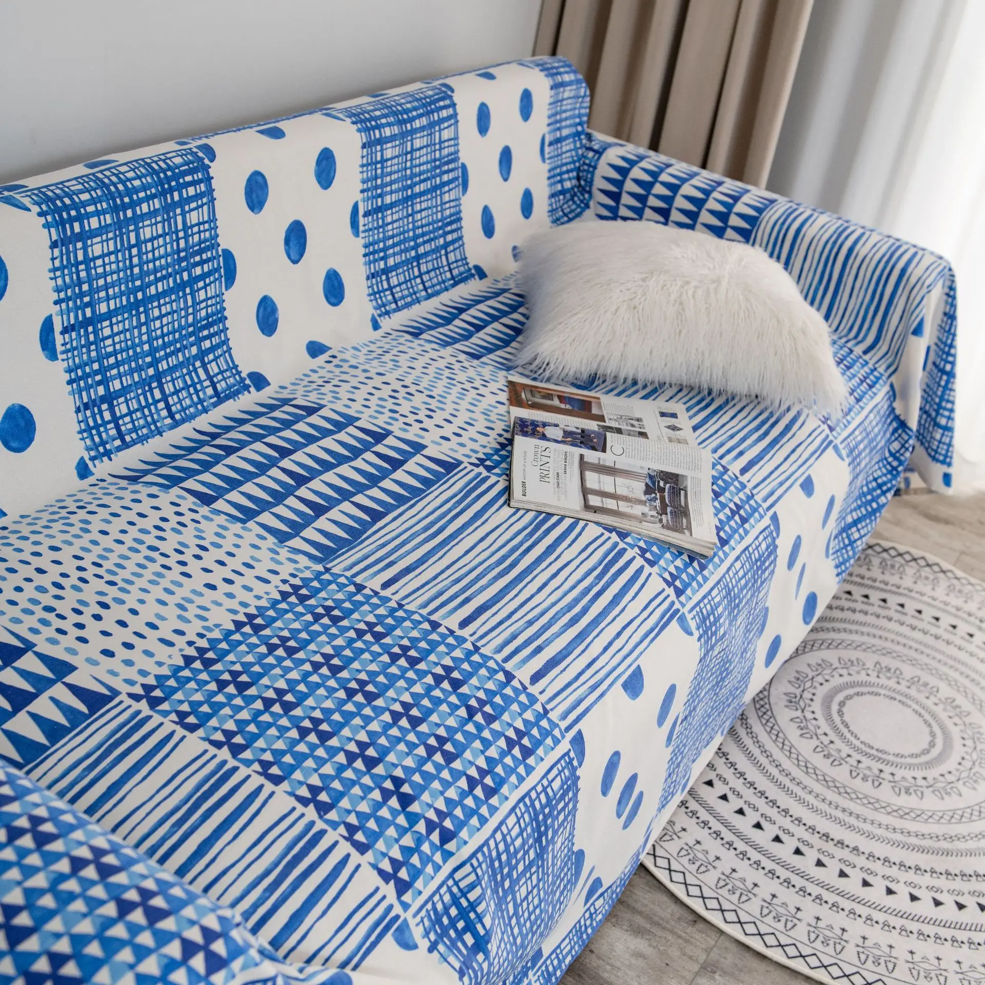 

Sofa Towel Navy Blue Woven Stripe Anti Cat Scratch Multifunctional Cover Knitting Embroidered Blanket Decorative Blanket