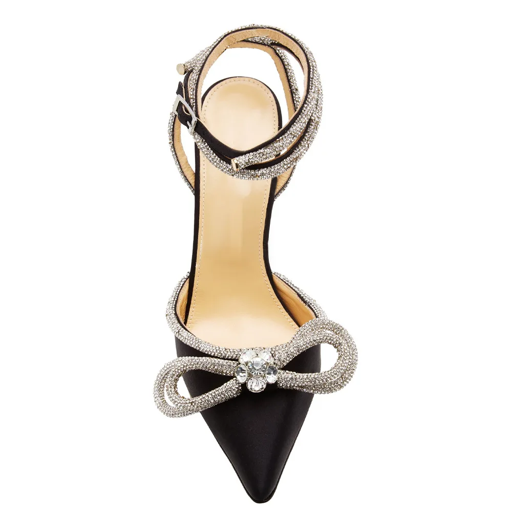 Europe and America 2023 New Bowknot Rhinestone Pointed Glitter Sandals Women's Strap Thin Heel High Heels