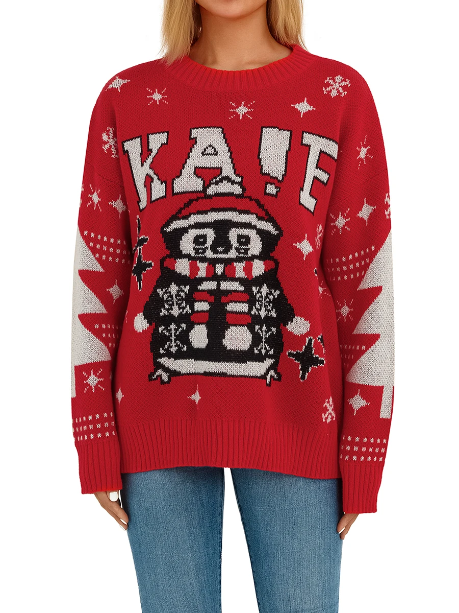 

Женский и мужской Рождественский свитер, трикотажный пуловер с вырезом лодочкой и длинным рукавом с рисунком пингвина, трикотажная одежда с ребристым подолом, S/M/L