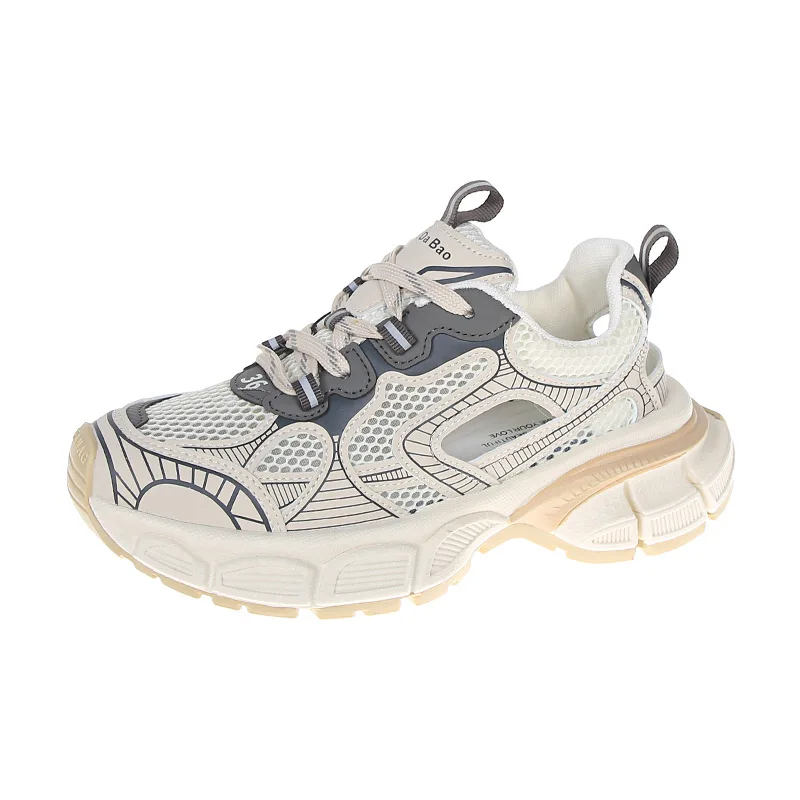 New Launch Chunky Sneakers Women Summer Mesh Breathable Hollow Sneakers Female Casual Tennis Sport Shoes Lace Up Daddy Shoes Hot