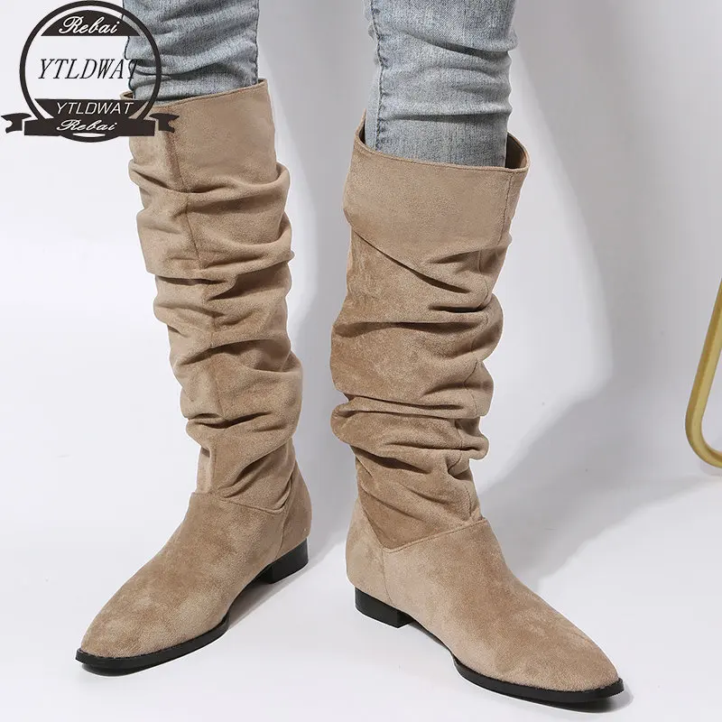 

2022 Knee- High Boots On Simple Pleated Stretch Suede Winter Botas Big Circumference Spring Autumn Woman Boots Large Size 43