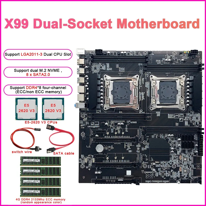 X99 Dual-Socket Mining Motherboard+E5-2620V3 CPU+4G DDR4 ECC RAM+Switch Line+SATA Line LGA2011-3 Dual CPU Slot 8XSATA2.0