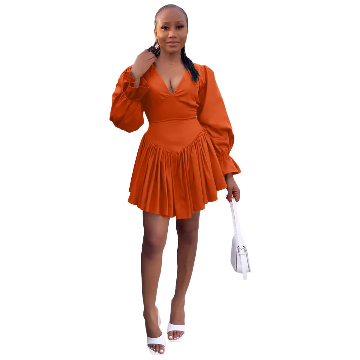 

Women's Dresses Spring Summer V-neck Bubble Sleeve Pleated Mini Dress Sexy Loose Back Zipper Fashion Elegant Female Clothes