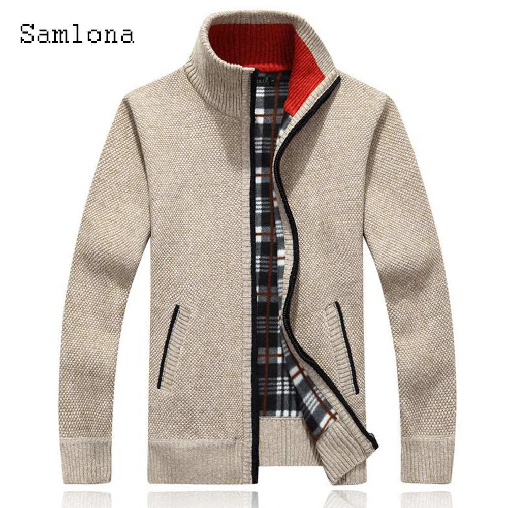 Samlona Plus Size Men Autumn New Knitting Sweater Winter Warm Knitwear England Plaid Top Cardigans Pocket Design Sweaters 2022