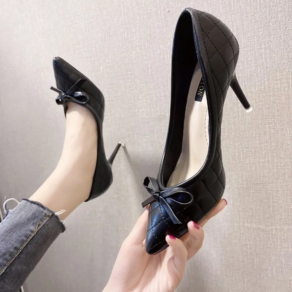 New All Matched Ladies Thin High Heel Pumps Sexy Pointed Toe Dress Shoes Plaid Design Butterfly Knot Bridal Shoes
