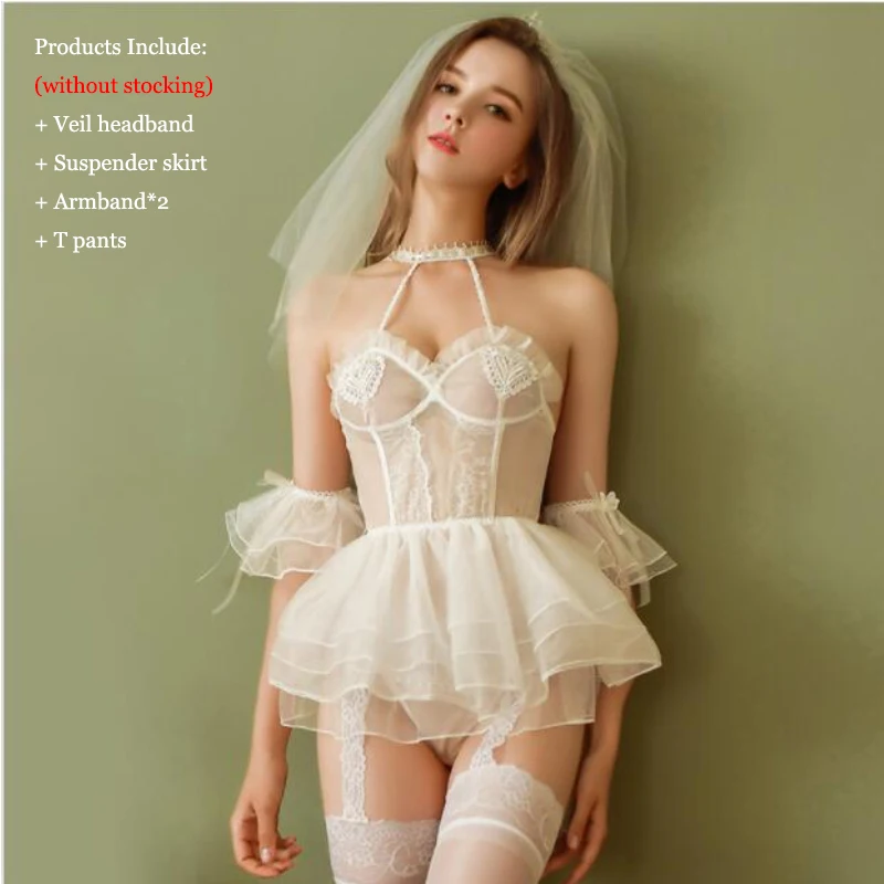 

Women's Sexy Lingerie Bride White Nightdress Cosplay Costumes Transparent Lace Puff Princess Dress Nightwear Veil Wedding Set