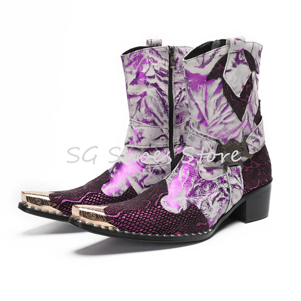 Mixed Color Snake Skin Pattern Splicing Leather Boots for Men Metal Pointed Toe Chunky Heel Chelsea Male Western