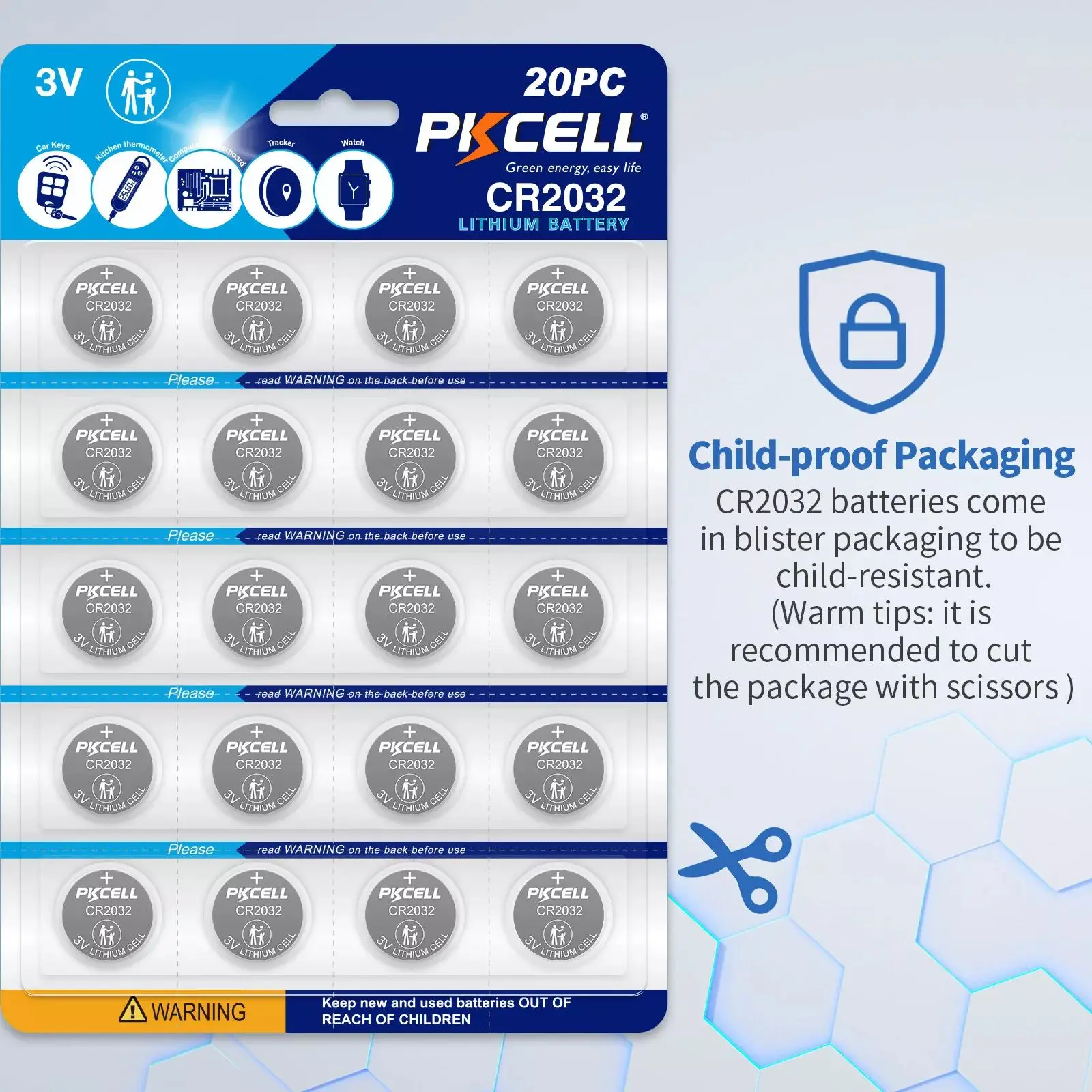 PKCELL 20PCS CR2032 3V Button Batteries BR2032 DL2032 ECR2032 Cell Coin Lithium Battery Watches Car Remote Key