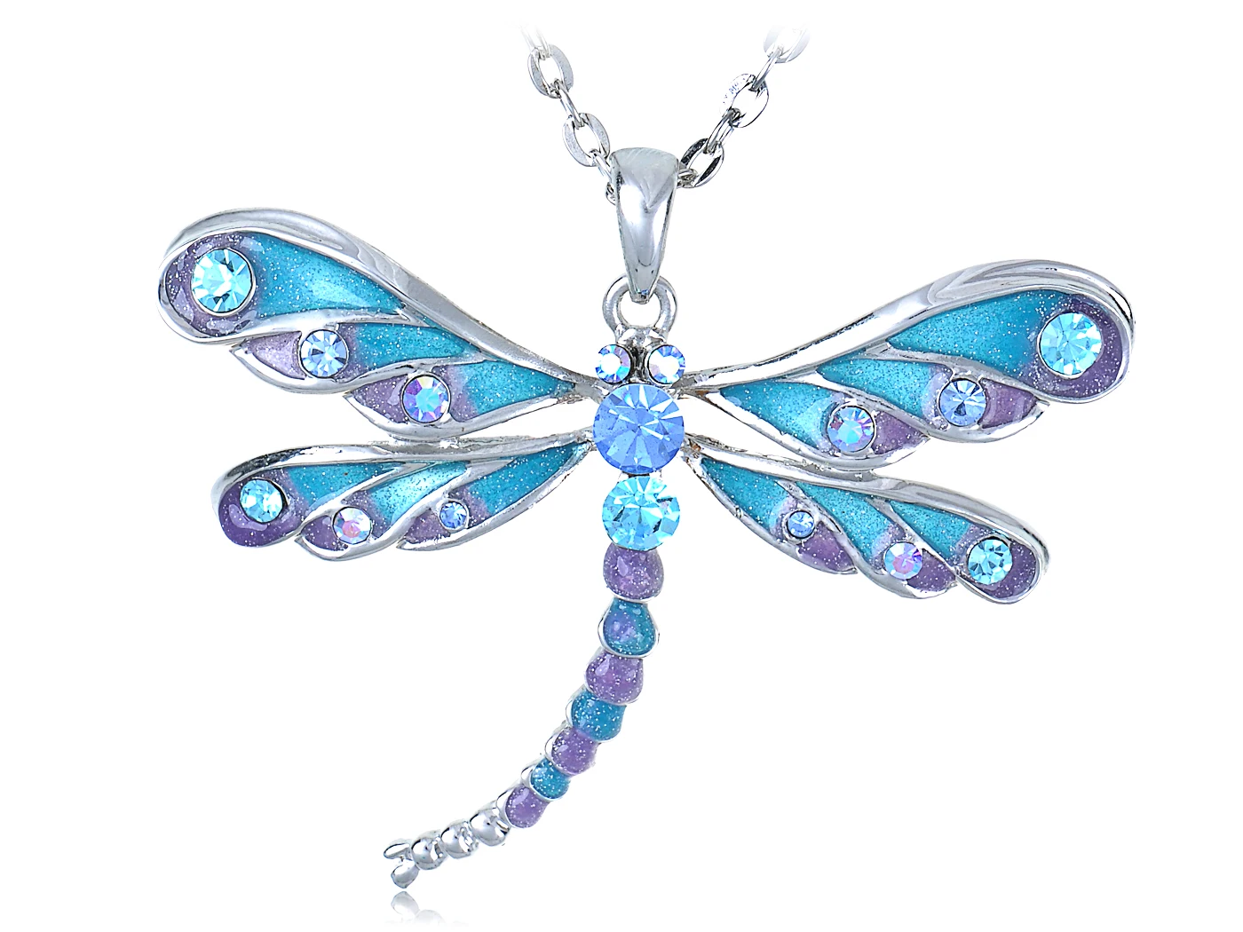 

Womens Blue Purple Glitter Enamel Rhinestone Dragonfly Pendant Necklace Over Silvery Tone