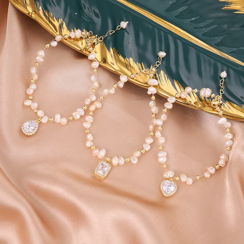 

Minar Romantic Korean Water Drop Square Love Heart Charm Bracelets for Women Gold Beads Real Freshwater Pearl Bracelet Jewellery
