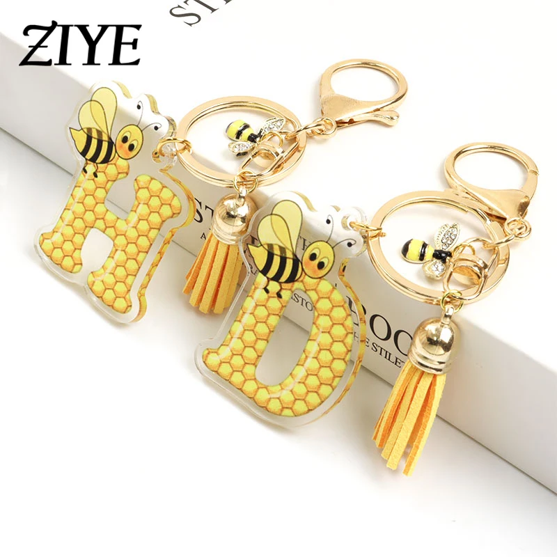 

Cute 26 Initial Letters Acrylic Keychain Honeycomb Alphabet Tassel Pendant Keyring Lovely Bee Drip Oil Charms Key Chains Jewelry
