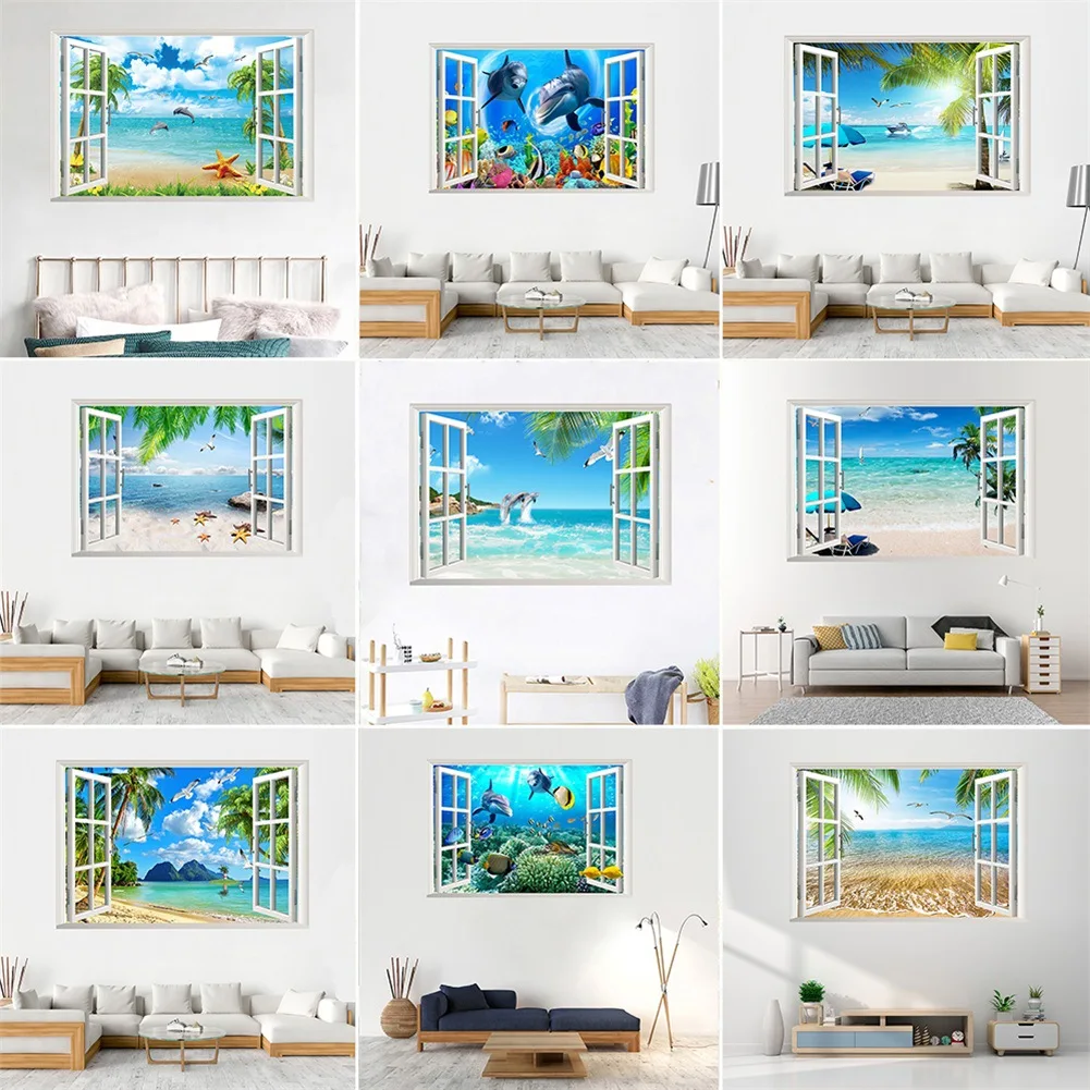 

3D False Window Wall Sticker dolphin Beach Sea Scenery Stickers Living Room Waterproof Art Wall Paper Poster Home Decoration