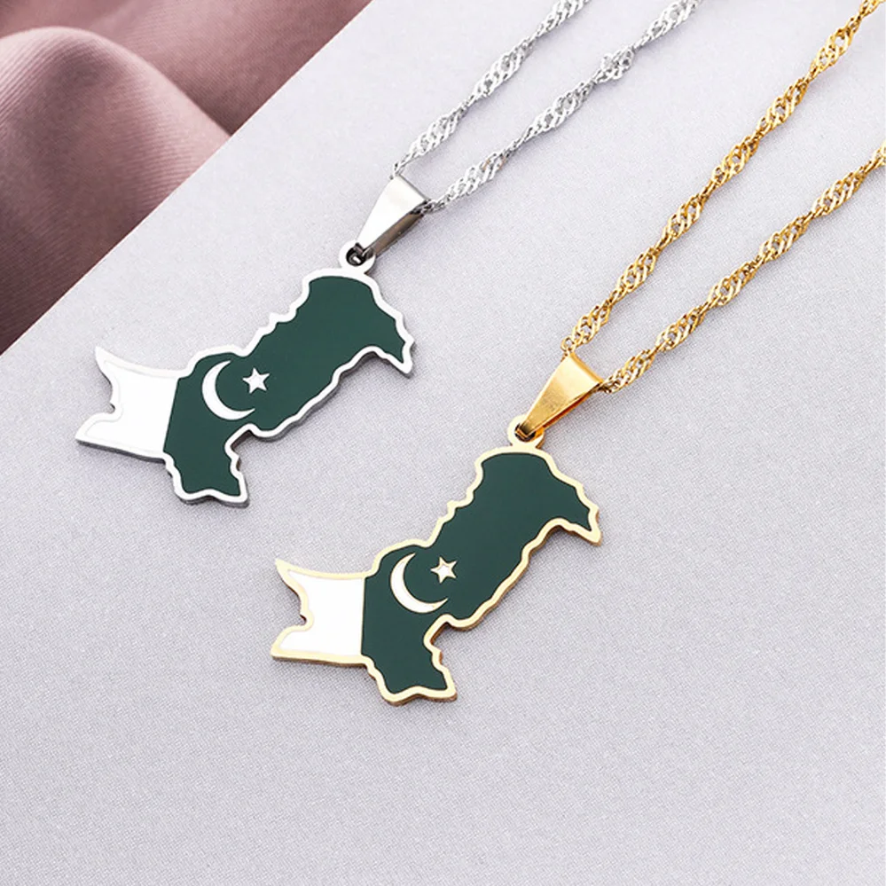 

Vintage Pakistan Map Necklace for Men Women Gold Silver Color Clavicle Chain Stainless Steel Charm Pendant Choker Couple Amulet
