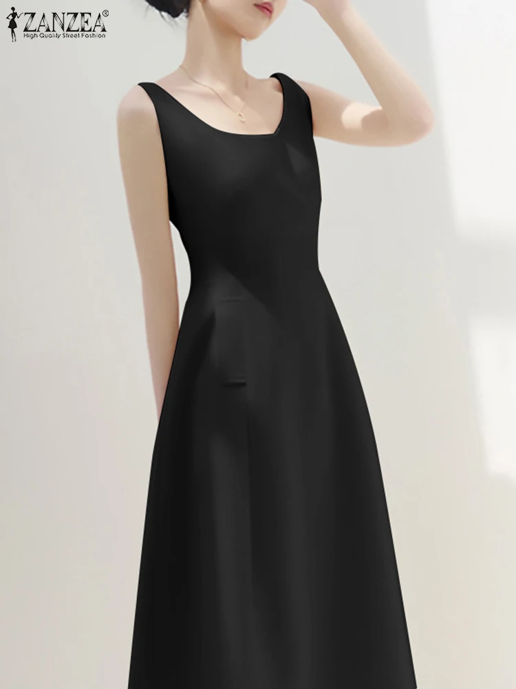 

Элегантное однотонное платье ZANZEA с карманами, повседневное женское длинное платье без рукавов, летние привлекательные трапециевидные платья миди с круглым вырезом, лето 2023