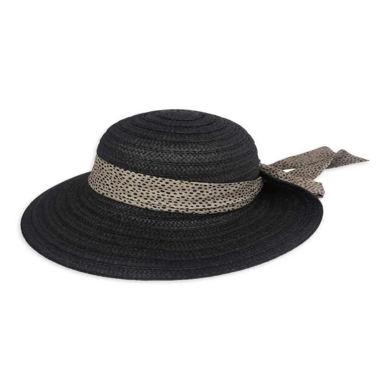 

Asymmetrical Straw Sun Hat with Printed Ribbon Scarf