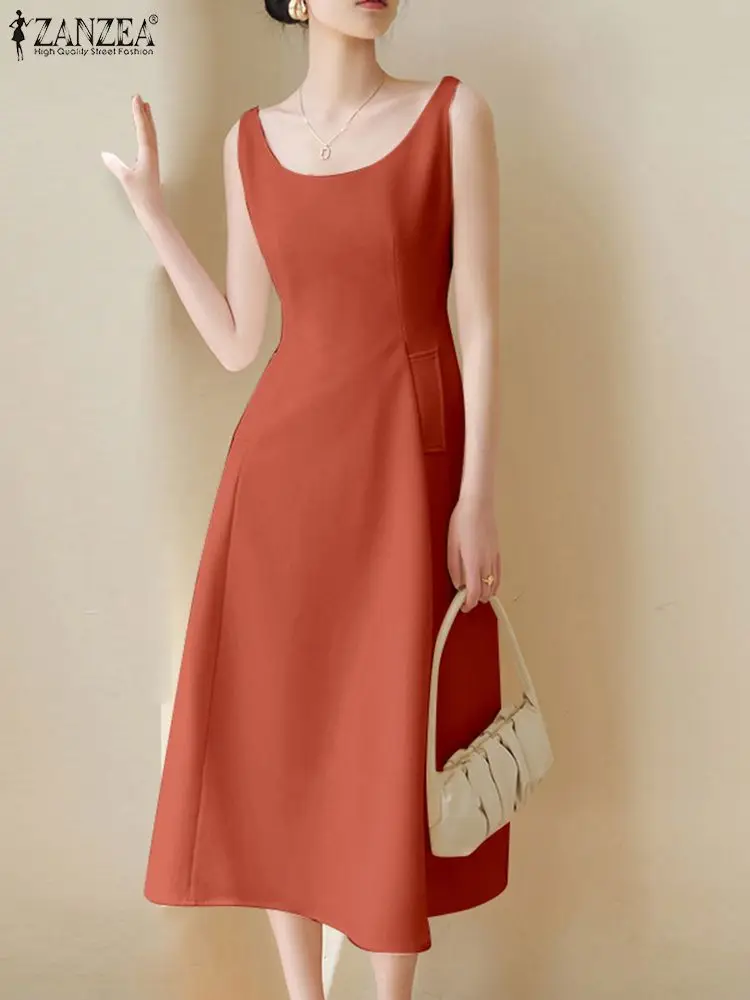 

Модные платья без рукавов ZANZEA розовые трапециевидные корейские пикантные длинные платья с завязкой на талии женские повседневные платья миди с круглым вырезом