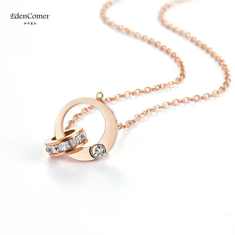 

Titanium Steel No Fading New Necklace Female Rose Gold Double Ring Diamond Inlaid Clavicle Chain Round Pendant Popular Ornament