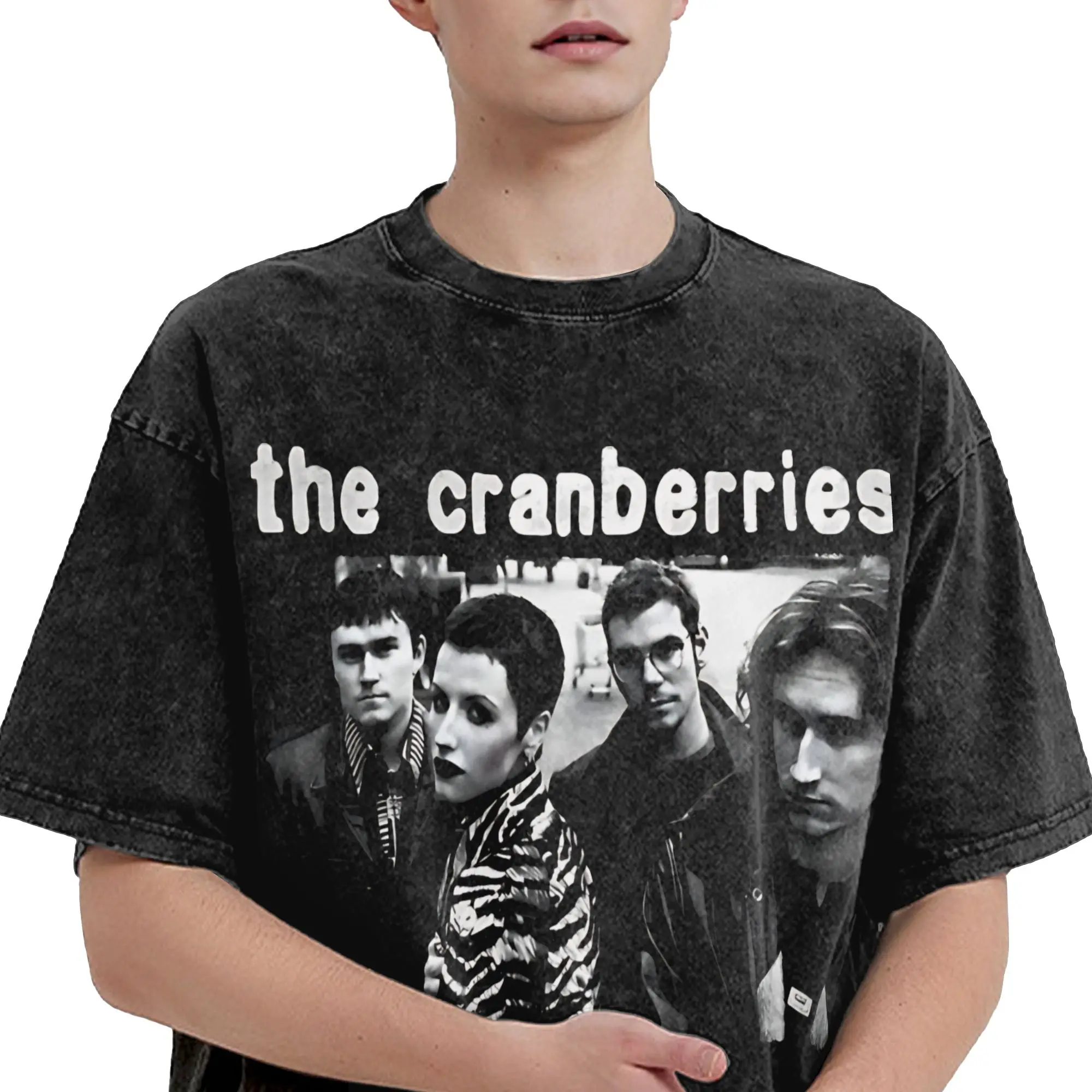 Фото Мужская и женская винтажная футболка The Cranberries с эффектом потертости, музыкальная футболка из чистого хлопка, забавная футболка с коротким рукавом и круглым вырезом №2
