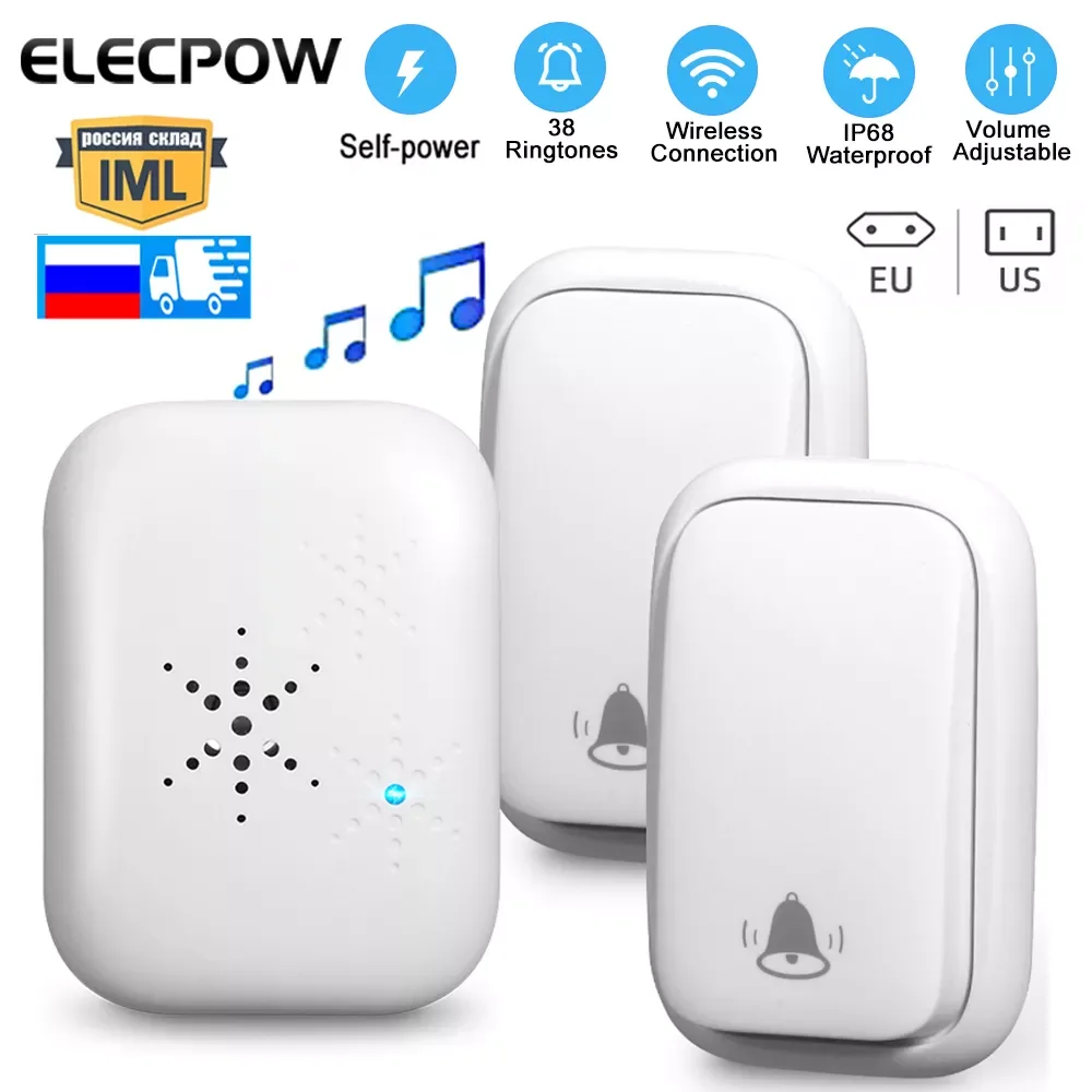 

Elecpow Wireless Doorbell Self-powered Smart Home Door Bell Chime Music Ring Pager US EU Plug Waterproof Outdoor Security System