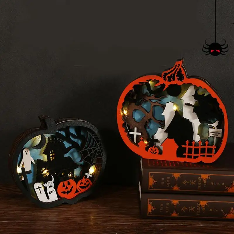 

Wooden Pumpkin Light Halloween Table Decoration Shadow Box Tabletop Centerpieces Pumpkin Lamp House Tabletop Ornament