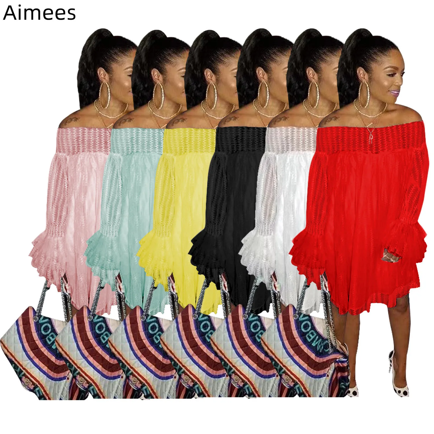 

Autumn Slash Neck Women Casual Dress Newest Female Sexy Stripes Jacquard Ruffles Flare Sleeves Loose Club Dress Drop Shipping