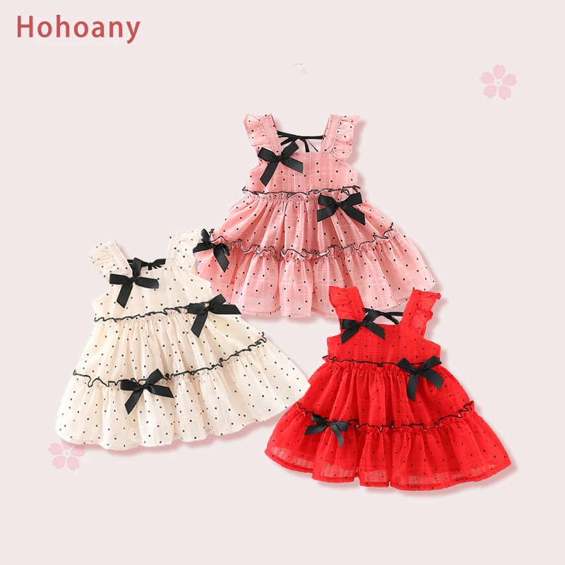 Hohoany Summer Baby Girl Polka Dot Dress Sweet Sleeveless Toddler Children's Clothes Thin Bowknot Kids Wear For 0 To 3 Years Old