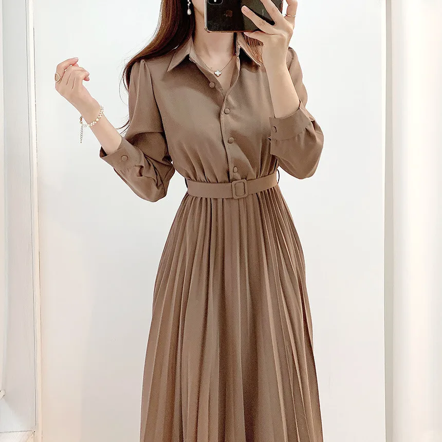 

Elegant Autumn Dress Single breasted Polo Collar Shirt Dress with High Waist and Middle Length Pleated Dress
