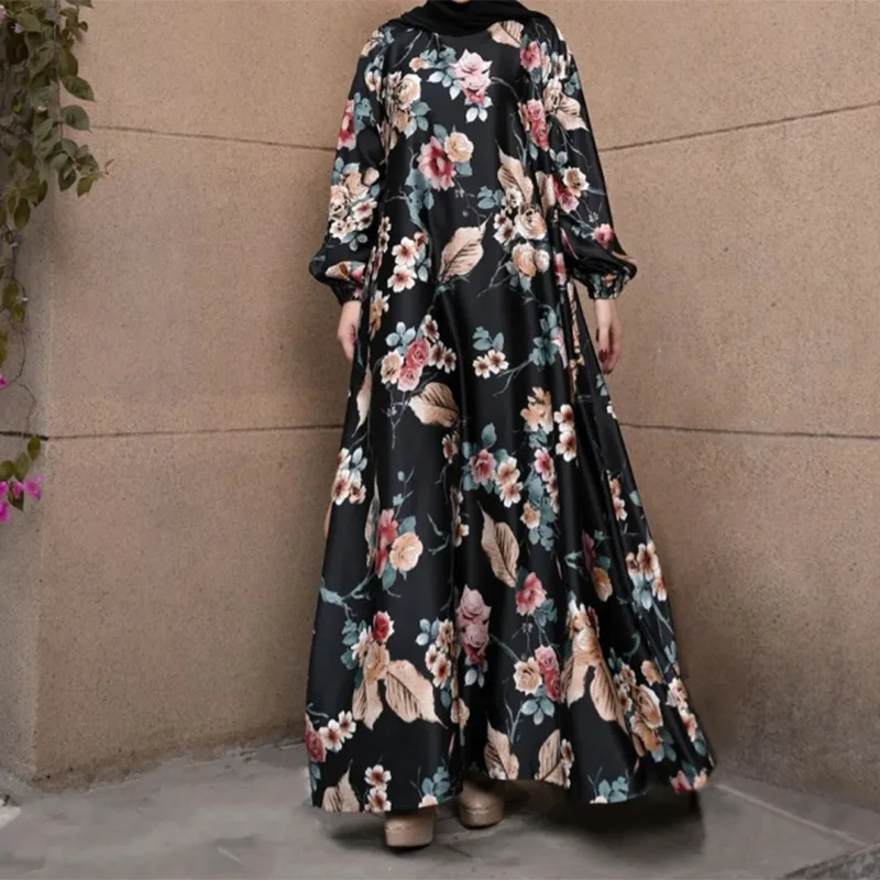 

Mandylandy Women Muslim Abaya Dress Floral Printed Full Sleeve O-Neck Long Vestido Bohemian Elegant Robe