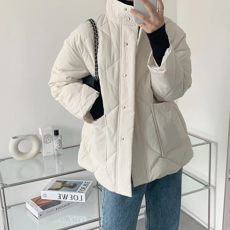 Winter Thickened Diamond Check Cotton Padded Jacket Single-breasted Zipper Tie-up Parka Coat Stand-up Collar Female Jacket