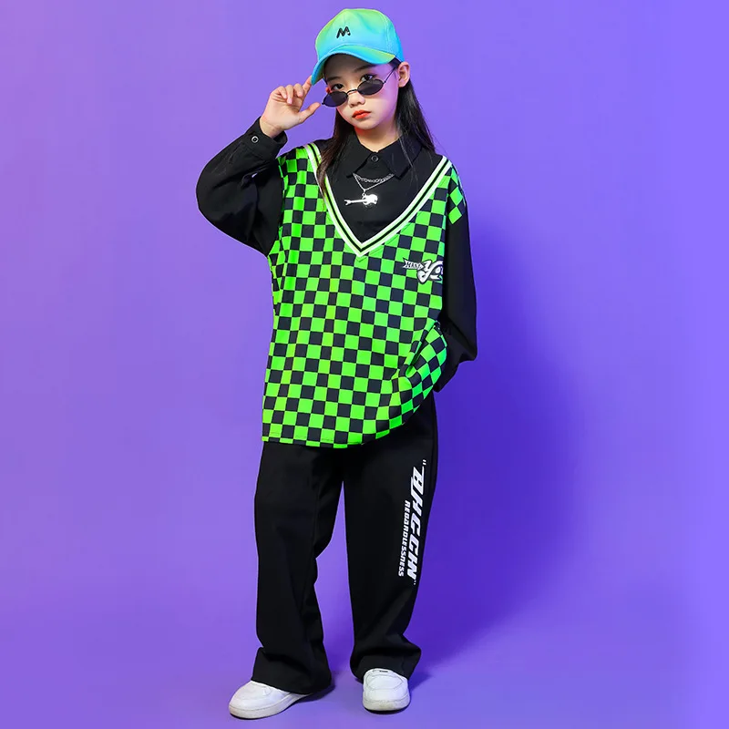 

Детская крутая одежда в стиле K-POP, рубашка-поло в клетку в стиле хип-хоп, топы, мешковатые брюки для девочек и мальчиков, костюм для джазовых танцев, одежда для показов на подростках