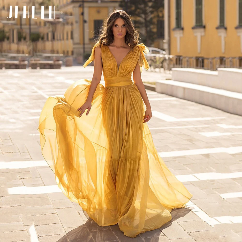 

Bow Spaghetti Straps Yellow Chiffon Evening Dresses Long Deep V-Neck Backless Floor Length Prom Gown robes de soirée 2023