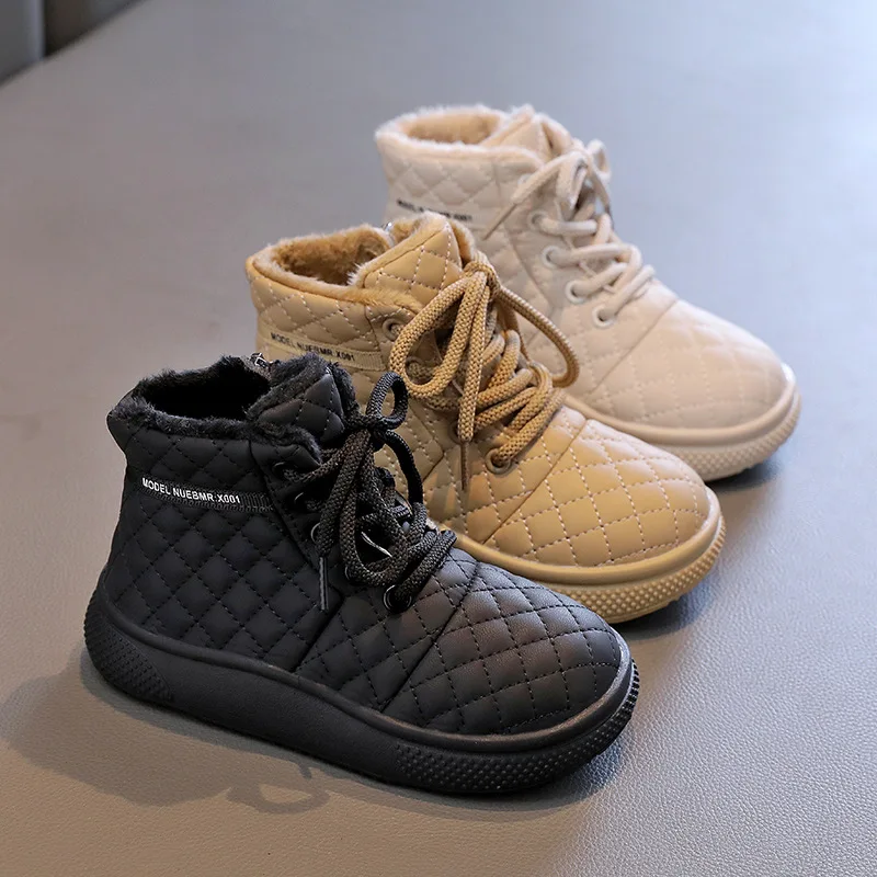 

Children's Cotton Boots 2023 Fall Winter Keep Warm Girls Thicken Shoes Princess Diamond Checker Soft Sole Kids Boys Boots G10151