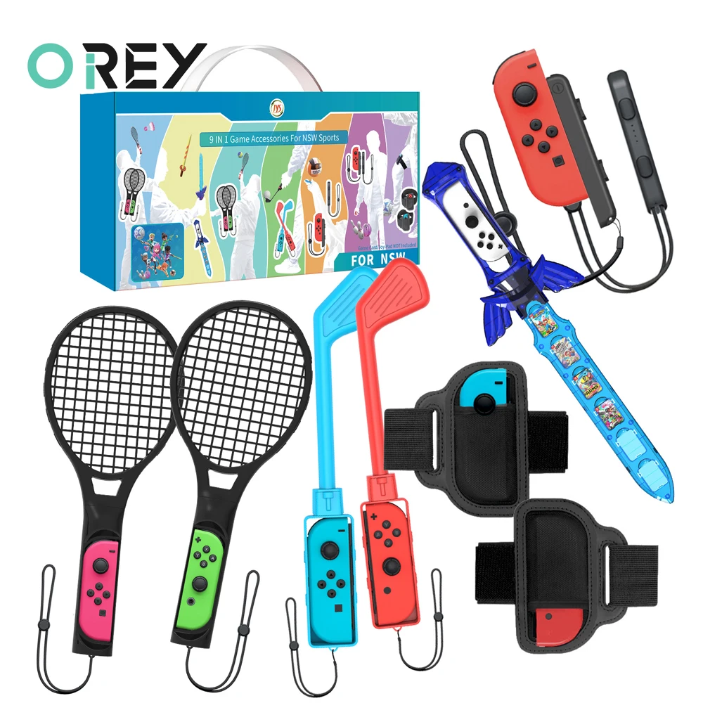 

Спортивные аксессуары для Nintendo Switch OLED, захват + ремешки для ног + ремешок на запястье + ракетки для тенниса и бадминтона + гольф-клуб + контролл...