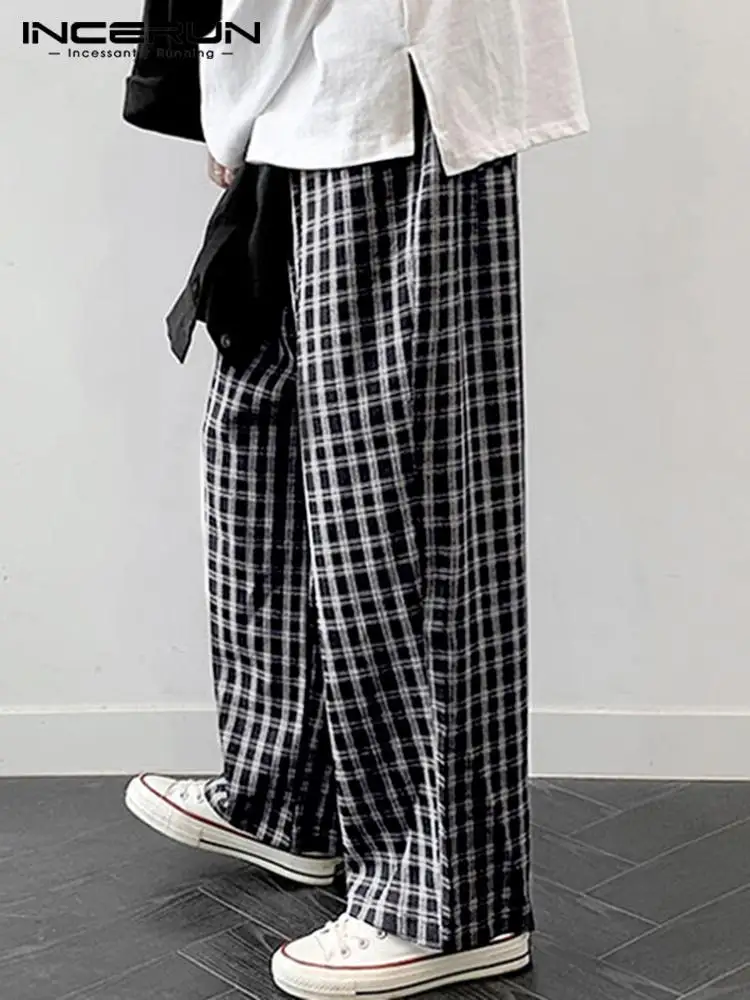 

INCERUN 2022 Korean Style New Men Pantalons Casual Streetwear Male Hot Sale Plaid Pant Loose Comfortable Wide Leg Trousers S-5XL