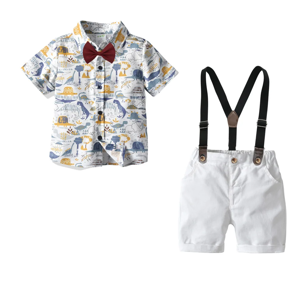 

Summer Boys Clothing Set Cartoon Dinosaur Bow Tie Short Sleeve Shirt + Suspender Shorts 2Pcs Suit For Kids Casual Beachwear