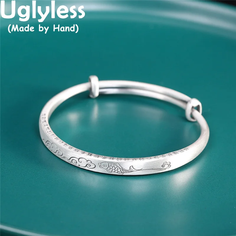 

Uglyless Push-pull Adjustable Ethnic Full Silver Bangles for Women Solid 999 Pure Silver Bangles Fishes Phoenix Dragon Jewelry