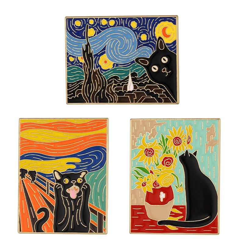

Van Gogh Painting Style Cat Cute Lapel Pins for Backpack Enamel Pin Women's Brooches Briefcase Badges Jewelry Decorations Gifts