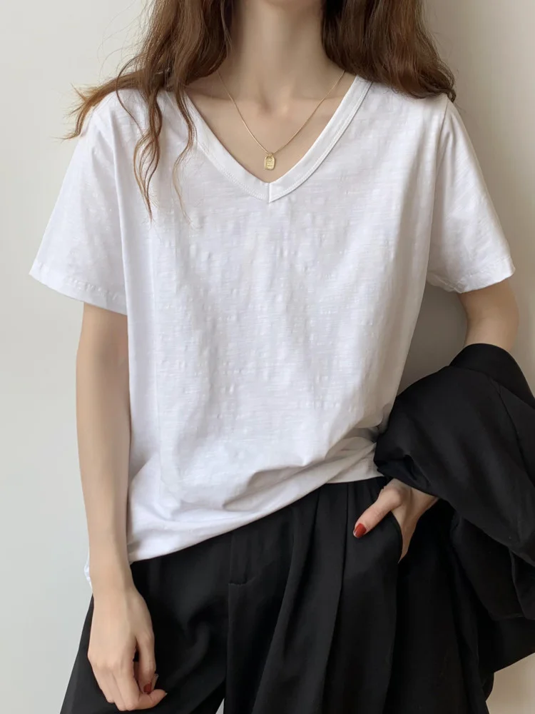 

Doornot Bamboo Cotton Black Basic T-shirt Women Summer V-neck Loose Short Sleeve Classic Tshirt Female Simple Design Tops Tees