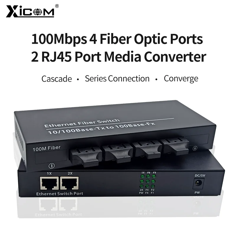 Media Converter Fiber Optic Single Mode SC Fiber Switch 10/100M 4 Fiber Optic Port 2 RJ45 Port Media Converter Simplex/Duplex