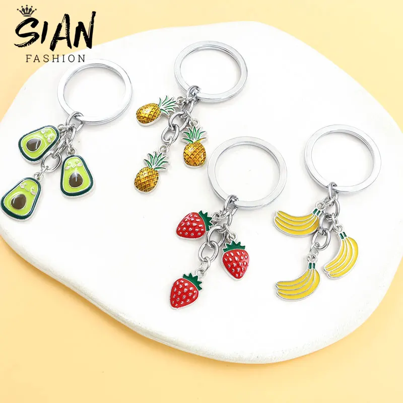 

4 Styles Cartoon Fruit Enamel Keychain Cute Avocado Pineapple Strawberry Banana Drip Oil Pendant Keyring Handbag Car Accessories