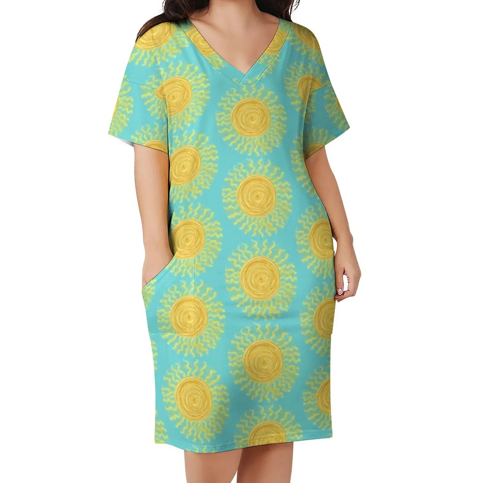 

Abstract Sun Print Dress Plus Size Sunshine Pattern Aesthetic Casual Dress Woman Summer V Neck Retro Dresses Gift Idea