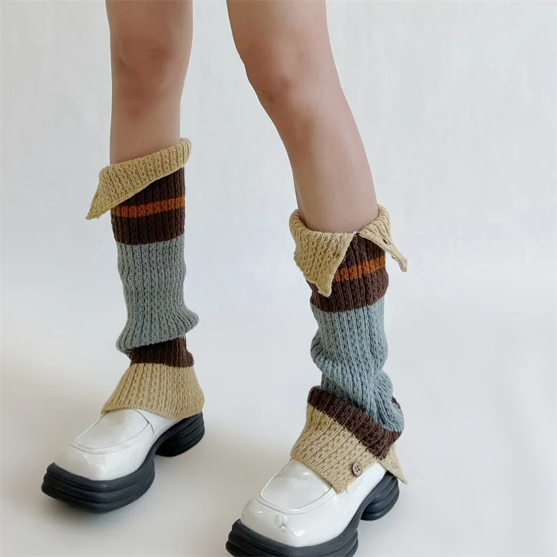 

New Retro Leg Warmers Winter Button Opening American Y2K Harajuku Hot Girl Japanese Contrast Color Pile Knitted Wool Long Socks